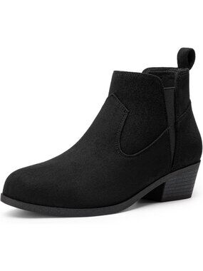 Women's Black Suede Comfortable Chunky Low Heel Slip On Casual Short Ankle Boots